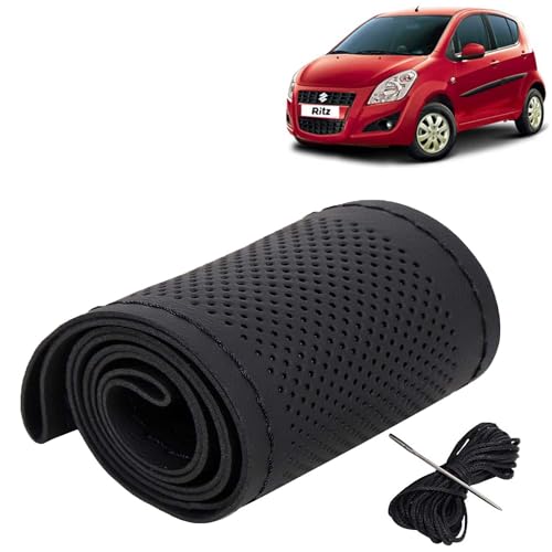 Image of KINGSWAY PU Leatherite Car Steering Cover Sewable Compatible with Maruti Suzuki Ritz (Year 2009-2015), Black Color with Black Thread, Pack of 1 with Sewing Needle and Thread