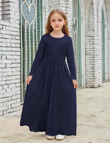 Image of Arshiner Girls Maxi Dress Long /Short Sleeve Casual Holiday Dress with Pockets for 5-13 Years