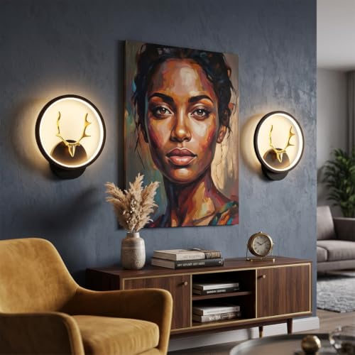 Image of fizzytech LED Deer Design Wall Light, 20 cm Round Decorative Wall Lamp, Black & Gold Finish with 3 Colour Changing Modes for Bedroom, Living Room & Hall, Pack of 2