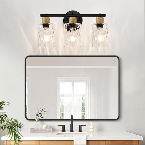 MOKATNG 2025 Upgrade Bathroom Light Fixtures, 3-Light Coastal Vanity Lights with Crystal Glass Shade, Black Bathroom Wall Lamp for Mirror Kitchen Hallway Cabinet - Image 7