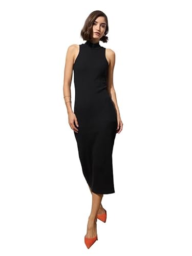 Black Rib Sleeveless Turtle Neck Midi Dress