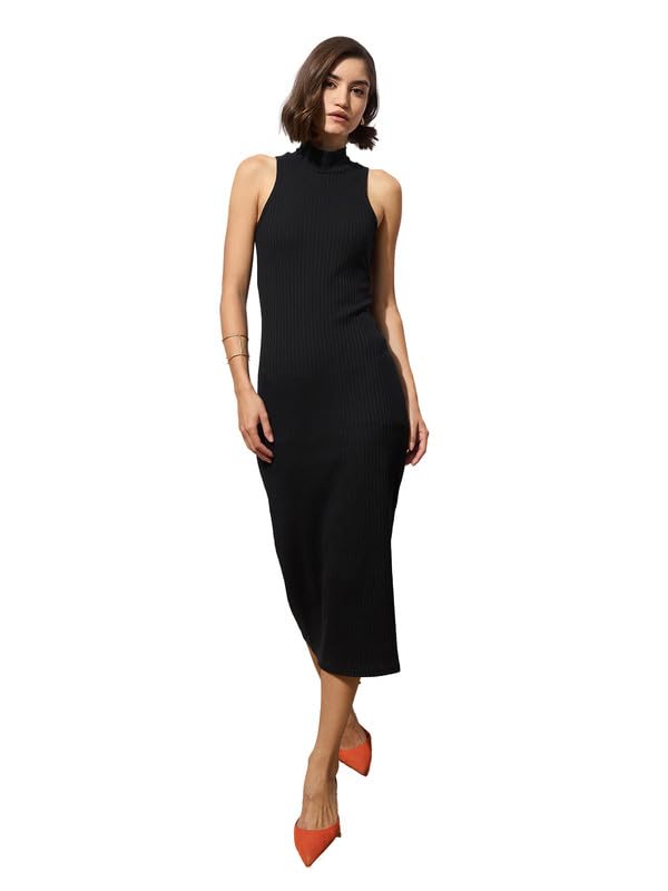 Image of barcino Black Rib Sleeveless Turtle Neck Midi Dress