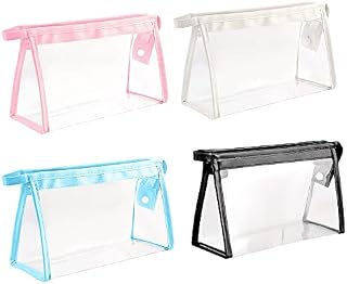 CAEEKER 4 PCS Clear Pencil Case Waterproof PVC Pencil Bags Transparent Exam Pencil Case Pouch See Through Plastic Pencil Cases with Zipper for Pen Stationary Cosmetics Storage, Black White Blue Pink