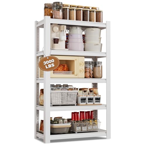 Image of WORKPRO House 5-Tier Shelving Unit, 3000lbs Adjustable Storage Shelves, Boltless Book Shelf, Shelf Organizer for Kitchen, Living Room, Bathroom, Wood Grain Pattern, Waterproof Board, 24-1 /10 inchW, White