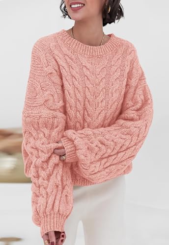 Image of PRETTYGARDEN Womens Sweaters Spring 2026 Cable Knit Long Sleeve Crewneck Oversized Sweater Chunky Pullover Loose Outfits
