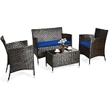 4PCS Patio Rattan Furniture Set Solid Wood Leg Cushioned Sofa Garden Lawn