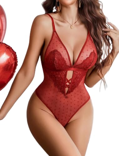 Avidlove Women Sexy Lace Bodysuit One Piece Teddy Babydoll Mesh Chemise V Neck Sleepwear Dark Red