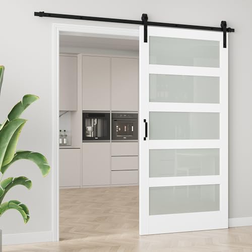 Image of 42 inchx84 inch Frosted Glass Barn Door with 7FT Sliding Hardware & Handle, White | Pre-Drill Holes Barn door for Easy Assembly, Solid Wood Sliding Barn Door with Excellent Privacy Protection & Sound Reduction