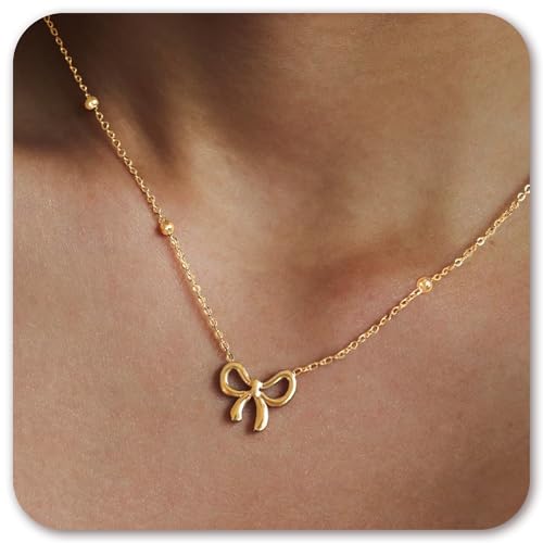 Gold/Silver Pendant Necklace for Women, Dainty Bow/Pearl/Cubic Zirconia/Mrs/Bride Jewelry, Bridal Accessories on Bachelorette Party Wedding Day Match Bride Outfits