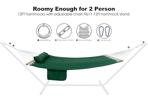 Image of GAFETE Hammock 2 Person Quilted Fabric Hammocks for Outside, Double 12ft Hammocks with Spreader Bar, Large Removable Pillow, Storage Bag, Carabiners, Max 475 lbs Capacity (Night Green)