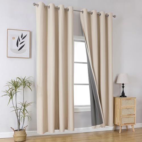 Image of Joydeco Natural 90 Inch Curtains Black Out Curtains for Bedroom Windows, Blackout Drapes 90 Inches Long 2 Panels Set for Living Room, Thermal Insulated Solid Black Out Drapes with Grommets