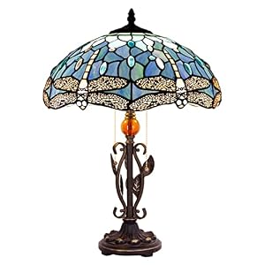 AVIVADIRECT Tiffany Table Lamp Stained Glass Desk Reading Light 16X16X24 Inch Metal Leaf for Bedroom Living Room Home Office-Blue Dragonfly