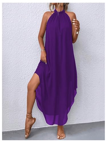Image of Verdusa Women's Wedding Guest Dress Halter Flowy Chiffon Long Dresses | Cocktail Dress, Asymmetrical Dress for Women, Sleeveless, Prom Dress, Cruise Outfits, Boho