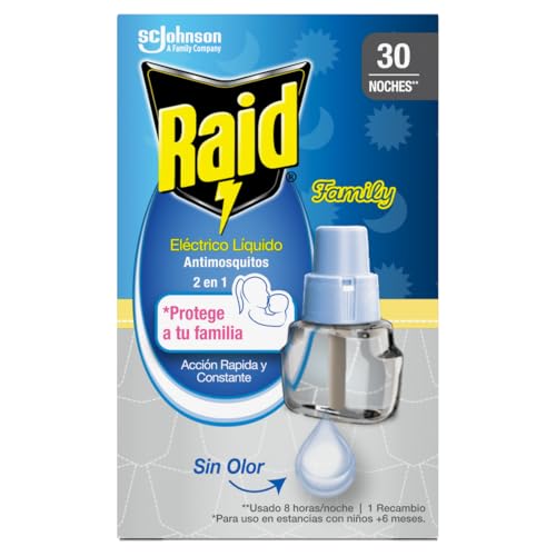 Raid Líquido Eléctrico Family Recambio, antimosquitos común y tigre 2 en 1, hasta 30 noches de protección, sin olor, 1 Recambio 21ml