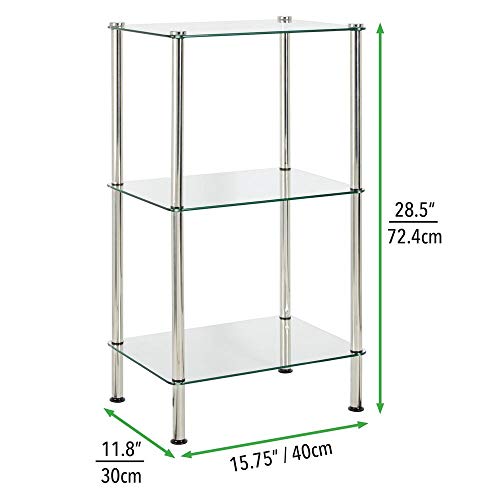 mDesign Bathroom Floor Storage Rectangular Tower, 3 Tier Open Glass Shelves - Compact Shelving Display Unit - Multi-Use Home Organizer for Bath, Office, Bedroom, Living Room - Clear/Chrome Metal