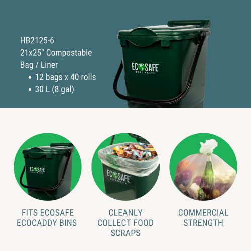 Image of EcoSafe-6400 HB2125-6 Certified Compostable Bag - 21x25 inch Green Bags for 8 Gallon Bin - Extra Strong Leak, Puncture and Tear Resistant Food Scraps Bin Liners, Pack of 480
