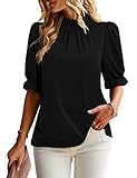 ZILIN Womens Tops Summer Mock Neck Puff Short Sleeve Tunic Top Casual Flowy Blouse Shirts Black XXL