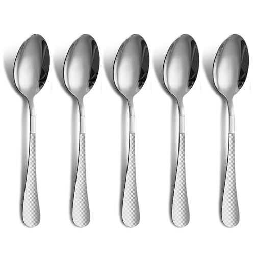 Image of Dinner Spoon Set of 5 ? 8.1 inch Sterling Silver Finish Tablespoons with Checks Printed Handle, Durable Stainless Steel & Dishwasher Safe Silverware for Home, Restaurant, and Gifting