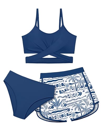 Image of Girls Swimsuit 3 Piece Bathing Suit Criss Cross Bikini Set Girls' Swimwear with Shorts 7-16T