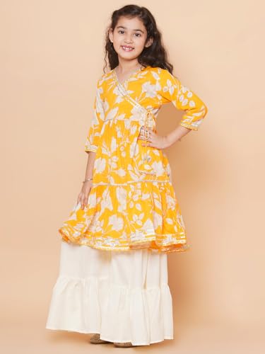 Image of Bitiya by Bhama Girls Yellow Floral Printed Angrakha Gotta Patti Pure Cotton Kurta with Sharara(TKS133)