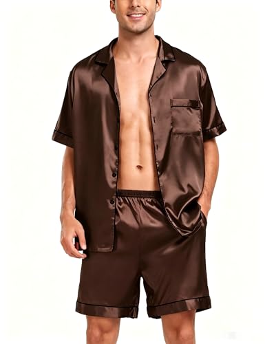 Image of SWOMOG Men Satin Silk Pajamas Sets Short Sleeve Sleepwear Button-Down PJs Sets Two-Pieces Loungewear with Pockets