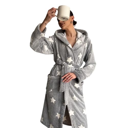 Hiseng Albornoz Mujer Bata Mujer Invierno, Estampado de Estrellas Blancas Batas de Casa de Franela Larga Suave Grueso con Bolsillos y Cinturón Albornoz de Baño Unisex con Capucha Cálido (Gris,M)