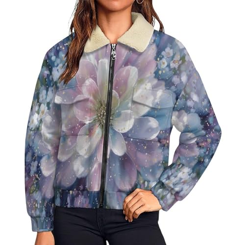 Manteau femme hiver chaud blouson polaire imprimé artistique bleu