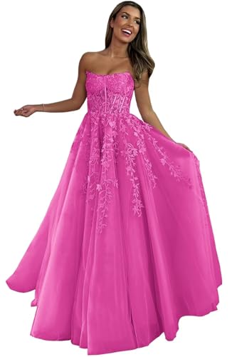 Geforsp Strapless Lace Appliques Tulle Open Back Floor Length Corset Long Hot Pink Prom Dresses for...