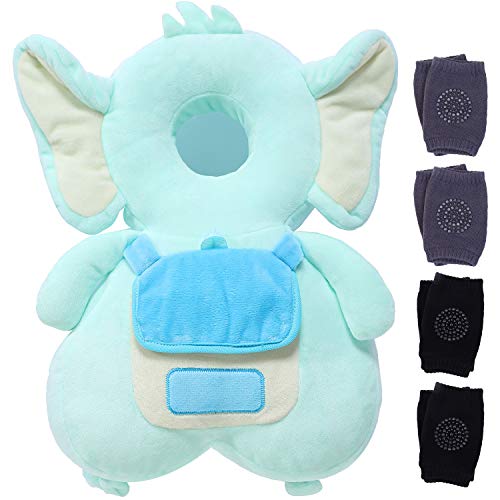 LOCOLO - Cojín de protección para la cabeza de bebé, protección para la cabeza de bebé, ajustable, para caminantes, protector de cabeza y hombros + 4 pares de rodilleras antideslizantes