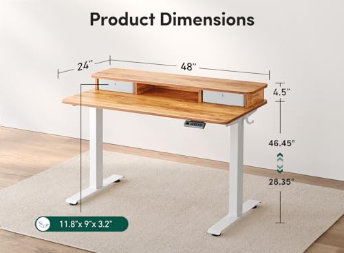 Image of FEZIBO 48 x 24 Inch Height Adjustable Electric Standing Desk with Double Drawer, Computer Desk, Home Office Stand Up Table with 4 Height-Adjustable Feets & 2 Hooks, Light Rustic