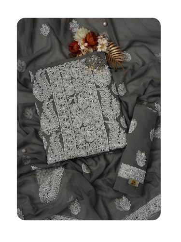 Image of Ada Hand Embroidered Lucknowi Chikankari Unstitched Georgette Salwar Suit with Dupatta for Women - Dress Material 3990