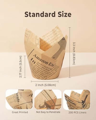 Image of Bake Choice 200pcs Tulip Cupcake Liners for Baking Cups Newspaper Print Parchment Paper Tulip Muffin Liners, Grease Resistant Cupcake Wrappers for Party, Christmas
