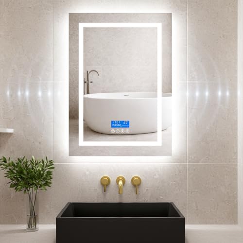 Bluetooth LED Bathroom Mirror with Makeup-Grade Lighting & Dual HiFi Speakers, 50x70cm Illuminated Vanity Mirrior with 3-Colour Dimmable, Anti-Fog, Memory Function, Time & Temperature Display, IP44