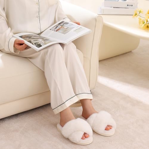 Evshine Women's Fuzzy Slippers Cross Band Memory Foam House Slippers Open Toe - Image 3
