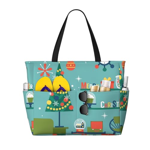 BSHGTYL Modern Creative Christmas With Mid Century Furniture And Globe Beach Bag Women'S Handbag With Zipper Swimming Pool Bag, Suitable For Gym, Grocery And Travel
