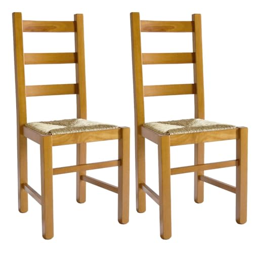 AltoBuy ORTA - Lot de 2 Chaises Teinté Chêne et Assises en Paille