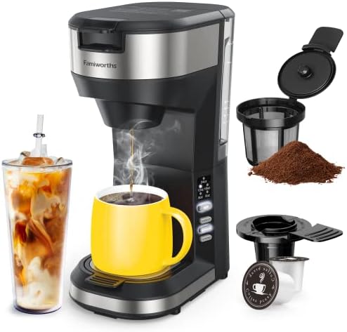 Hot and Iced Coffee Maker for K Cups and Ground Coffee, 4-5 Cups Coffee Maker and Single-serve Brewers, with 30Oz Removable Water Reservoir, 6 to 24Oz Cup Size, Pot and Tumbler Not Included, Black