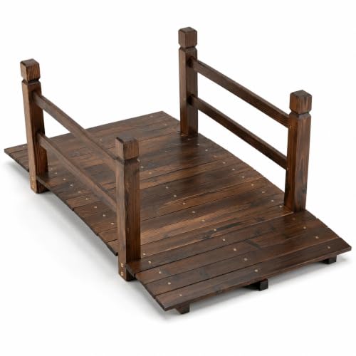 HOMASIS Puente de Jardín de Madera, Puente en Arco para Estanques con Pasamanos de Seguridad, Barras Transversales Reforzadas, Tratamiento de Carburación, Decoración al Aire Libre (125 x 68 x 47 cm)