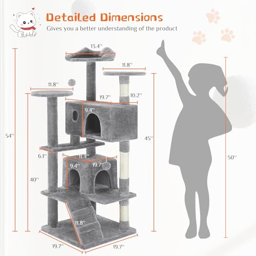 Image of Sweetcrispy 54-Inch Cat Tree Tower - Multi-Level with Sisal Scratching Post, Perfect Pet Gift, Indoor Condo with Climbing Ladder, Plush Toy, and More Animal Stuff, Light Grey