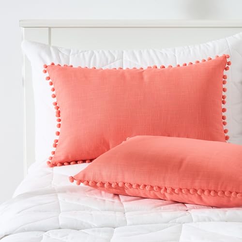 Image of 100% Cotton Pom Pom Cushion Without Filler, Elegant & Modern Cushion Cover for Living Room, Rectangle, 12 inchx20 inch, uni slub, Set of 3 - Coral