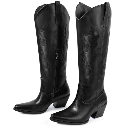MISSMILLER Cowboy Boots for Women-Knee High Cowgirl Boots with Retro Floral Embroidered,Chunky Heels Pointed Toe Retro Classic Pull On Western Tall Boot With Side Half Zip for Ladies2