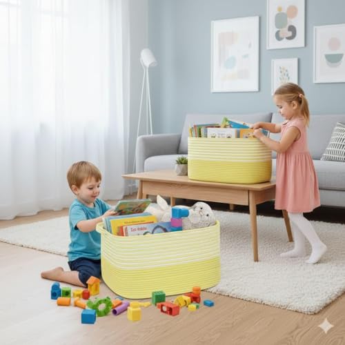 Image of Large Storage Basket, Woven Blanket Basket, Toy Basket with Handle, Laundry Hamper for Living Room, Nursery, Bedroom- 20x15x12 (LXWXH) (yellow mix)
