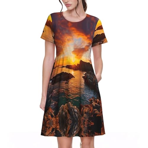 Robe d'été imprimé paysage marin manches courtes femme