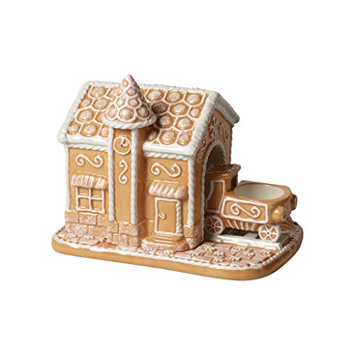 Villeroy & Boch - Winter Bakery Deocoration Lebkuchenbahnhof, dekorativer Teelichthalter aus Hartporzellan, braun/weiß