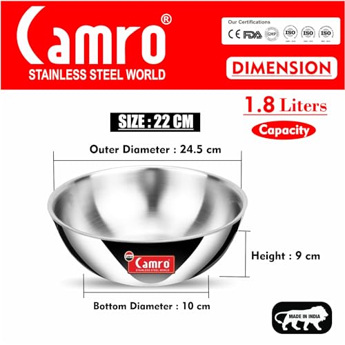 Image of Camro Tripro Triply Artisian Tasla | kadhai Without lid 12 NO 1.8 Liters Cook | Serve, for Deep-Fry | Saute | Stir-Fry | Mixing Desserts Gravy, Induction Friendly & Gas Ready, 6-Year Warranty