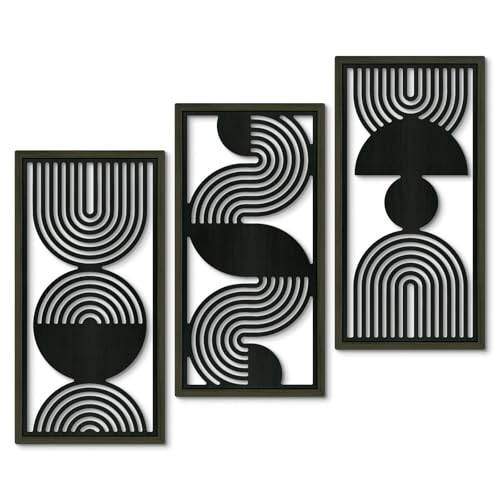 Putuo Decor Lot 3 tableaux muraux encadrés, art abstrait noir blanc géométrique, lignes arc rétro moderne, cadres noirs, décoration salon chambre bureau entrée