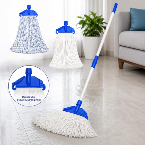 Image of STOIC Double Clip Mop Combo | 1 Adjustable Telescopic Mop Stick 4fit + 2 Cotton Refills (1 Plain White & 1 Blue Stripe) | Heavy Duty Floor Cleaning MopS for Home, Office & Commercial Use