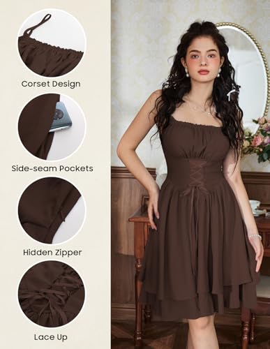 Image of Scarlet Darkness Corset Mini Sundress Chiffon Homecoming Dress for Women | Slim Straps, Ruched Neckline, Lace-Up Front, Layered A-Line, for Graduation Cocktail Party, Fairy Costume with Pockets