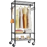 VIPEK R3 Medium Rolling Clothes Racks with Lockable Wheels, Heavy Duty Garment Rack with Adjustable Shelves & Hanging Rod & Side Hooks, Compact Space-Saving Storage for Small Apartments/Dorms (Black)