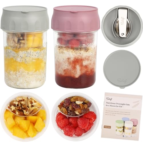 SOLIGT 2 Pack Overnight Oats Containers with Lids, Folding Spoons and Divided Compartments for Fruit & Nuts, Small Glass 16oz Mason Jars for Oatmeal Yogurt Parfait